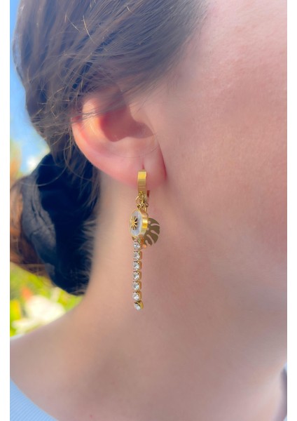 Çelik Sallantılı Taşlı Küpe Gold modelleri