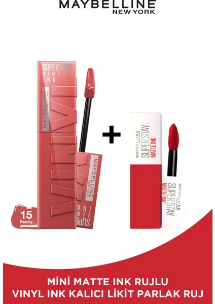 Maybelline New York Super Stay Vinyl Ink Uzun Süre Kalıcı Likit Parlak Ruj 15 Peachy Mini Matte Ink 20 Pioneer Hediyeli