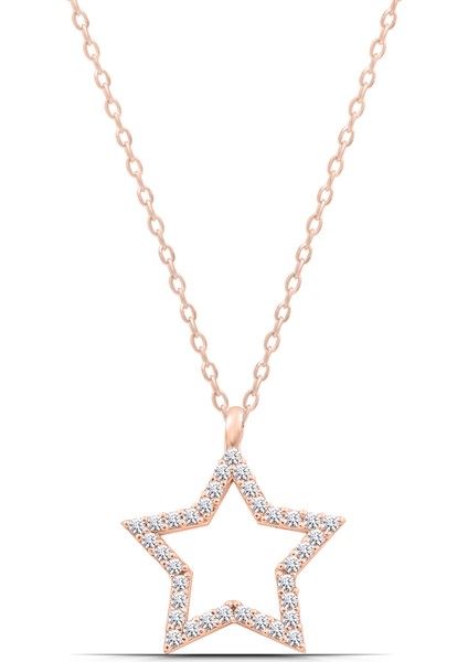 Yıldız Zirkon Taşlı 925 Ayar Gümüş Kadın Rose Renk Kolye