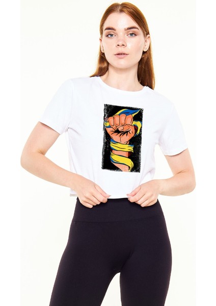 Ukraine - Ukrayna Baskılı Beyaz Crop Top Tshirt