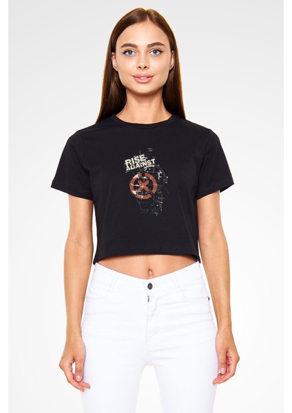 Rise Against Siyah Crop Top Tişört