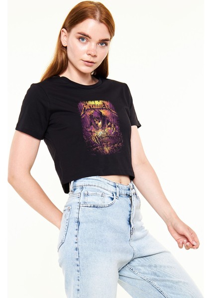 Metallica Baskılı %100 Pamuk Siyah Crop Top Kadın Tişört