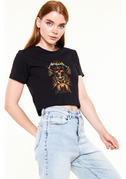 Metallica Baskılı %100 Pamuk Siyah Crop Top Kadın Tişört