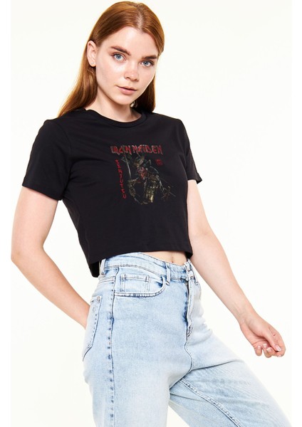 Iron Maiden - Senjutsu Baskılı %100 Pamuk Siyah Kadın Crop Top Tişört