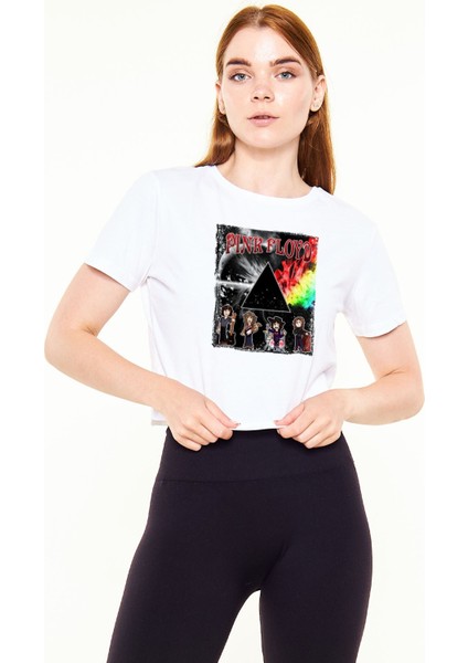 Pink Floyd Baskılı %100 Pamuk Beyaz Crop Top Tshirt