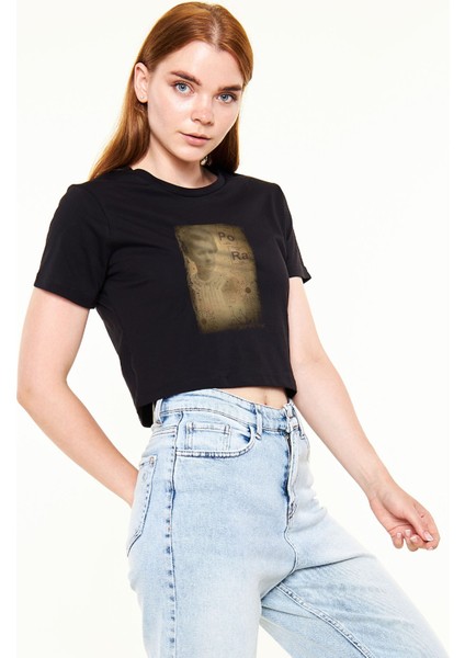 Marie Curie Baskılı Siyah Kadın Crop Top Tişört