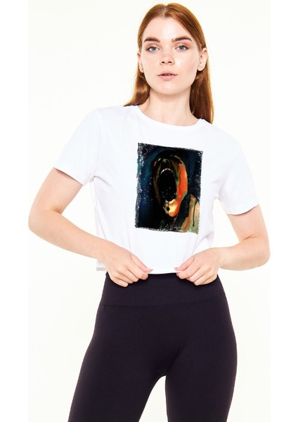 Pink Floyd Baskılı %100 Pamuk Beyaz Crop Top Tshirt