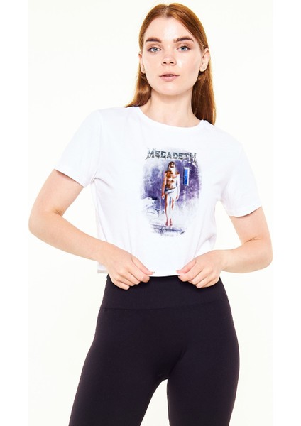 Megadeth - Countdown To Extinction Baskılı Crop Top Beyaz Tshirt