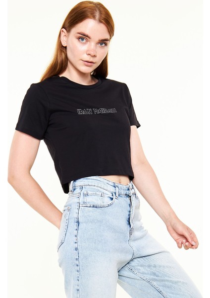 Iron Maiden Baskılı %100 Pamuk Siyah Kadın Crop Top Tişört