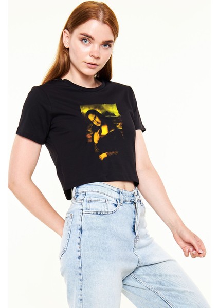 Mona Lisa Fck Off! Kolaj Crop Top Kadın Siyah Tişört