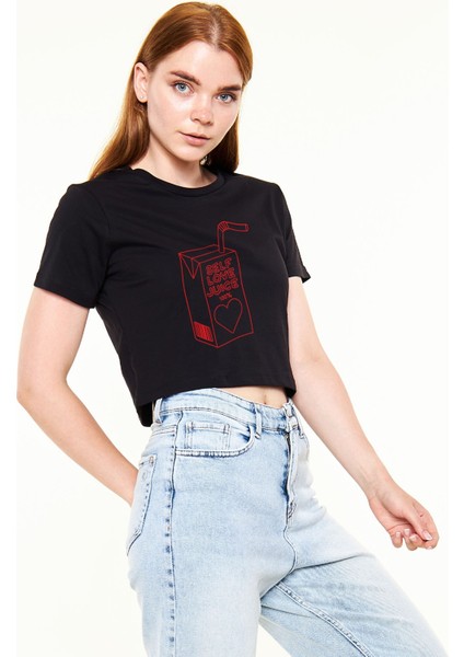 Self Love Juice Baskılı Crop Top Siyah Tişört