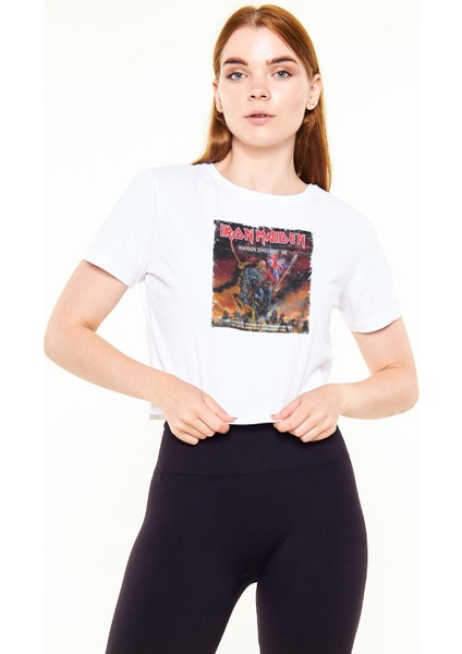 Iron Maiden Baskılı %100 Pamuk Beyaz Kadın Crop Top Tişört