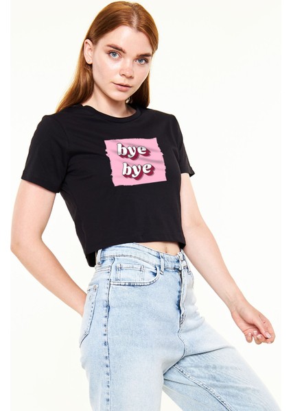 Bye Bye Baskılı Crop Top Siyah Tişört