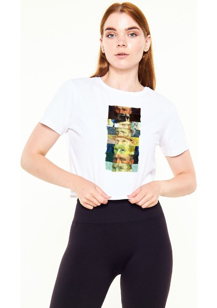 Zoka Wear Ünlü Ressamlar ve Inci Küpeli Kız Kolaj Beyaz Crop Top Kadın Tshirt