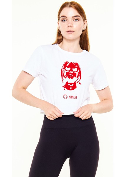 Nirvana Baskılı Crop Top Beyaz Tshirt