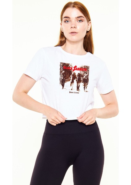 Black Sabbath Baskılı Beyaz Crop Top Kadın Tshirt