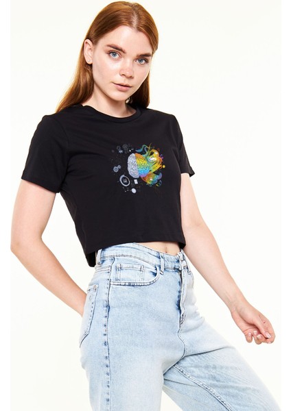 Zoka Wear Beyin Baskılı Siyah Kadın Crop Top Tişört