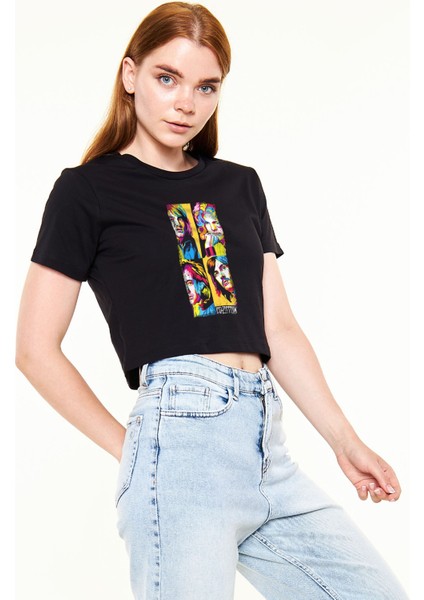 Zoka Wear LED Zeppelin Baskılı Siyah Crop Top Kadın Tişört