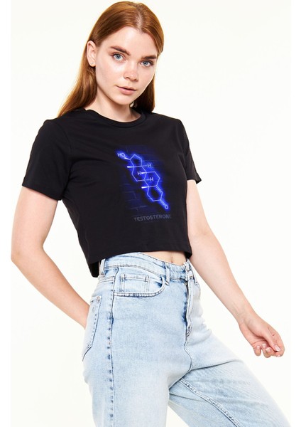 Zoka Wear  Molekülü Neon Baskılı Siyah Kadın Crop Top Tişört