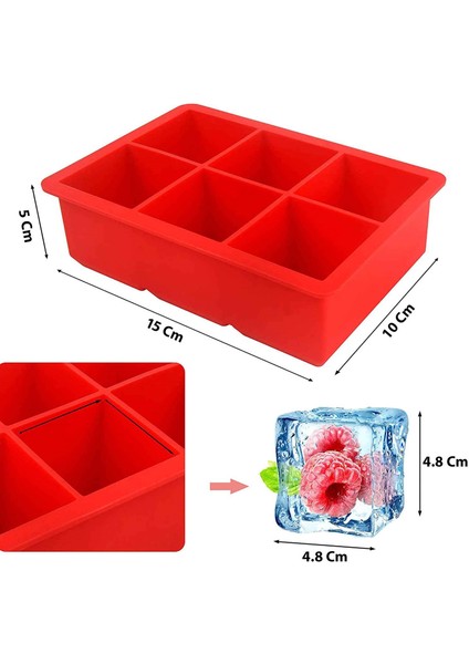 Silikon 6'lı Küp Xl Büyük Boy Çok Amaçlı Buz Kalıbı Kırmızı 2 Adet