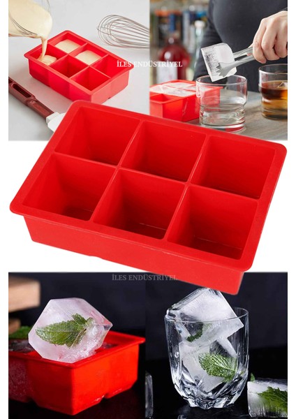 Gıda Sınıfı Silikon 6'lı Büyük Boy Çok Amaçlı Buz Kalıbı Kırmızı
