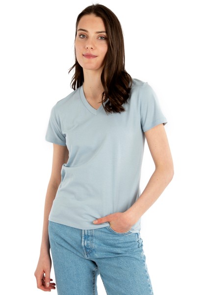 - Organik Pamuk V Yaka Kısa Kollu Kadın T-Shirt