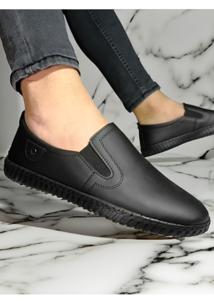 Erkek Siyah Suni Düz Deri Bacıksız Günlük Spor Çarık Ayakkabı