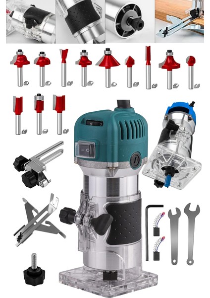 Germany 3000 Watt 6 Kademe Devir Ayarlı Formika Traşlama Freze Makinesi 6 mm + 12 Adet Uç