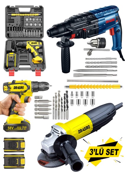 Alman Pro 3'lü Set 3000 W Taşlama-4200 W Kırıcı Delici Hilti-58 V Setli Şarjlı Matkap