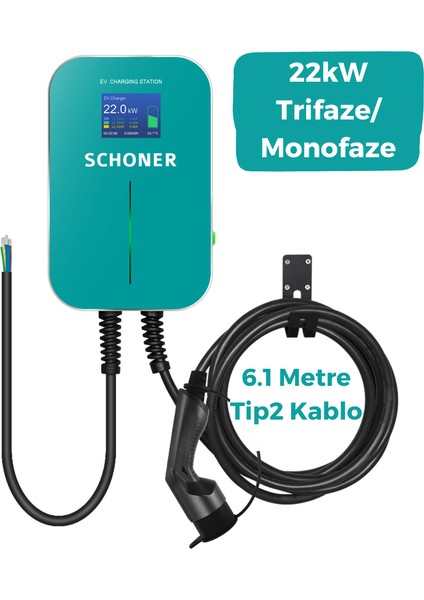 SCHONER 22KW Elektrikli Araç Şarj İstasyonu 6.1 Metre Tip2 Kablolu Trifaze/monofaze