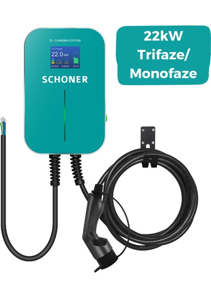 SCHONER 22KW Elektrikli Araç Şarj İstasyonu 6.1 Metre Tip2 Kablolu Trifaze/monofaze