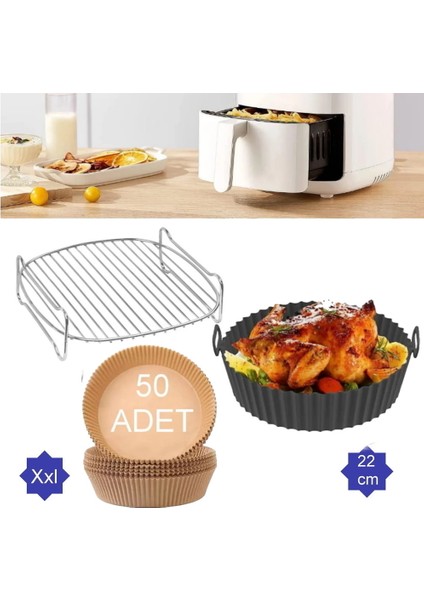 3 Parça Xxl 22 cm Airfryer Izgara Seti Silikon Pişirme Kabı Yanmaz Kağıt