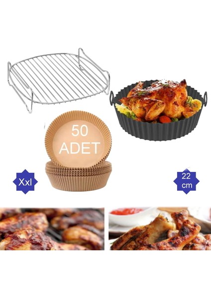 3 Parça Xxl 22 cm Airfryer Izgara Seti Silikon Pişirme Kabı Yanmaz Kağıt fiyatları