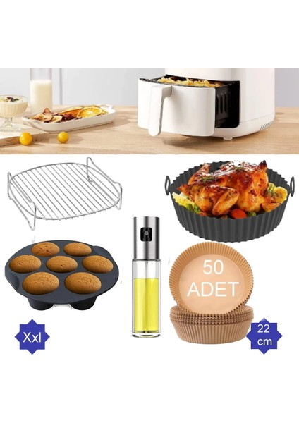 5 Parça Xxl 22 cm Airfryer Izgara Seti Silikon Kabı Yanmaz Kağıt Muffin Kabı Sprey Yağdanlık fiyatları