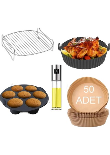 5 Parça Xxl 22 cm Airfryer Izgara Seti Silikon Kabı Yanmaz Kağıt Muffin Kabı Sprey Yağdanlık