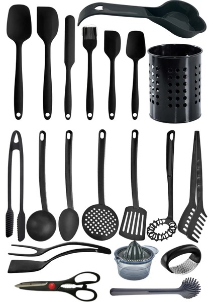 6 Adet Isıya Dayanıklı Silikon Spatula Seti ve 7'li Yanmaz Teflon Kaplama Kepçe Mutfak Maşa Seti