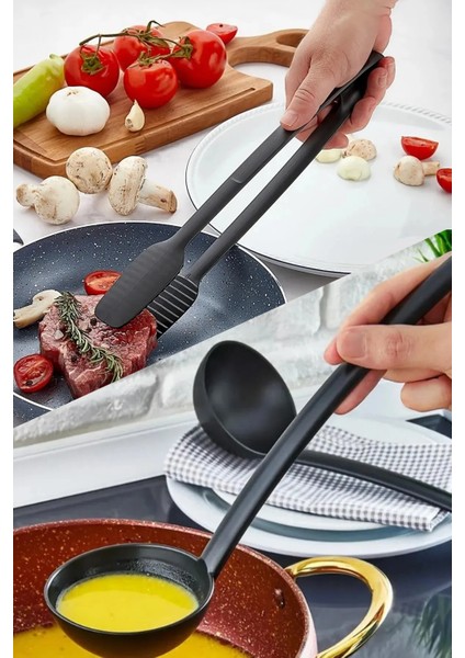 6 Adet Isıya Dayanıklı Silikon Spatula Seti ve 7'li Yanmaz Teflon Kaplama Kepçe Mutfak Maşa Seti