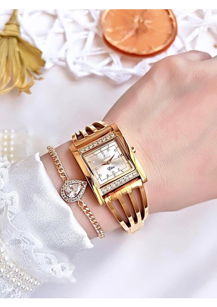 RVL-1847-F Revello Kaburga Serisi Altın Kaplama Kararmaz Swarovski Taşlı 3ATM Su Geçirmez+Bileklik