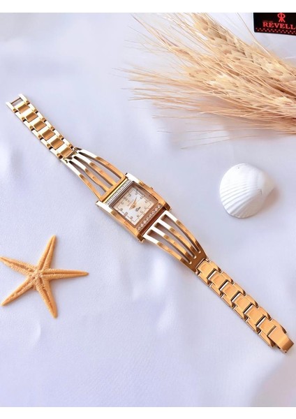 RVL-1847-F Revello Kaburga Serisi Altın Kaplama Kararmaz Swarovski Taşlı 3ATM Su Geçirmez+Bileklik