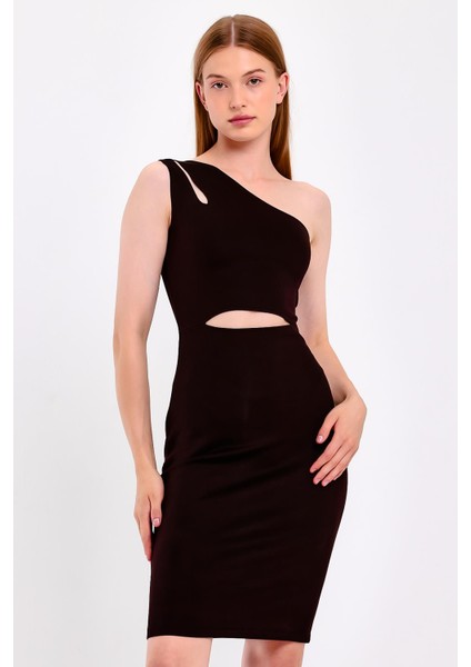 Cut Out Detaylı Tek Omuz Siyah Elbise