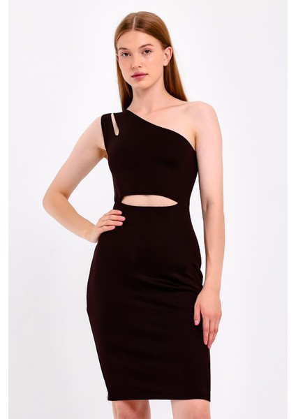 Cut Out Detaylı Tek Omuz Siyah Elbise