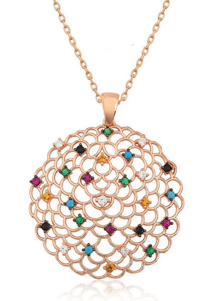 Gümüş Rose Geometrik Desenli Madalyon Kolye