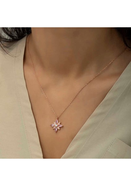 Gümüş Rose Pembe Taşlı Umut Çiçeği Kolye