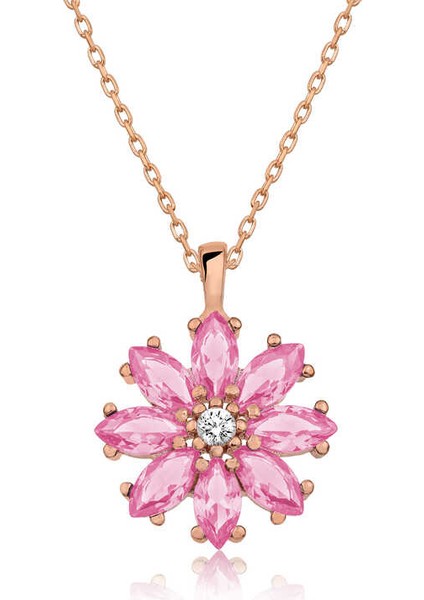 Gümüş Rose Pembe Çiçek Kolye