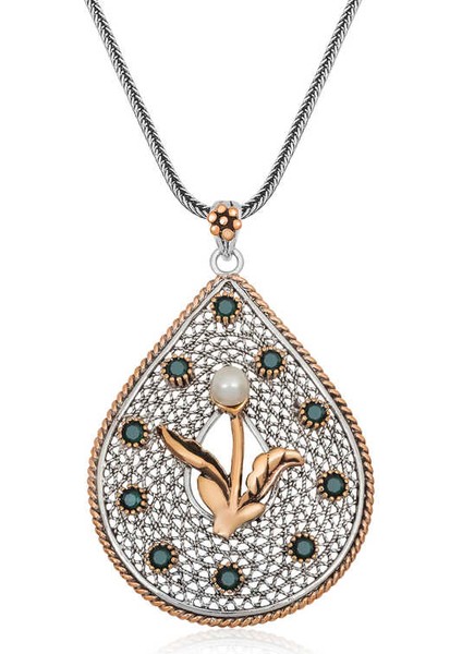 Gümüş Inci Çiçek Otantik Bayan Kolye