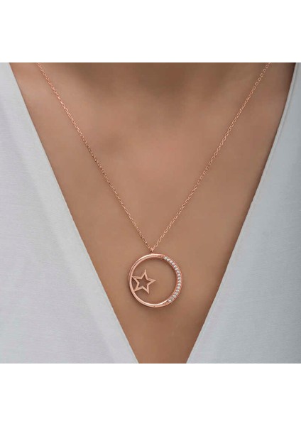 Gümüş Rose Yıldız Detaylı Halka Kadın Kolye