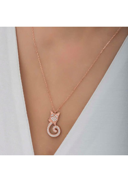 Gümüş Rose Kedi Kadın Kolye modelleri