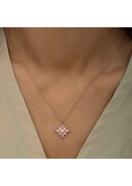 Gümüş Rose Pembe Taşlı Umut Çiçeği Kolye