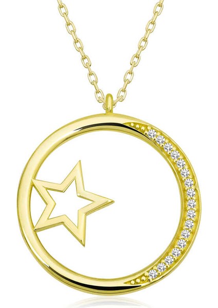 Gümüş Gold Yıldız Detaylı Halka Kadın Kolye