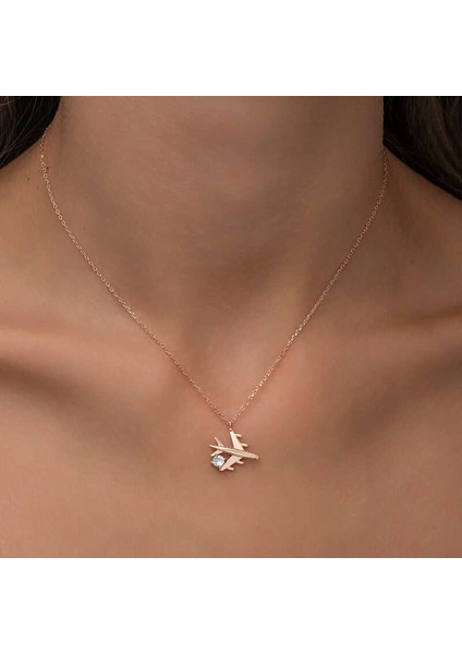 Gümüş Rose Tek Taşlı Uçak Kadın Kolye modelleri